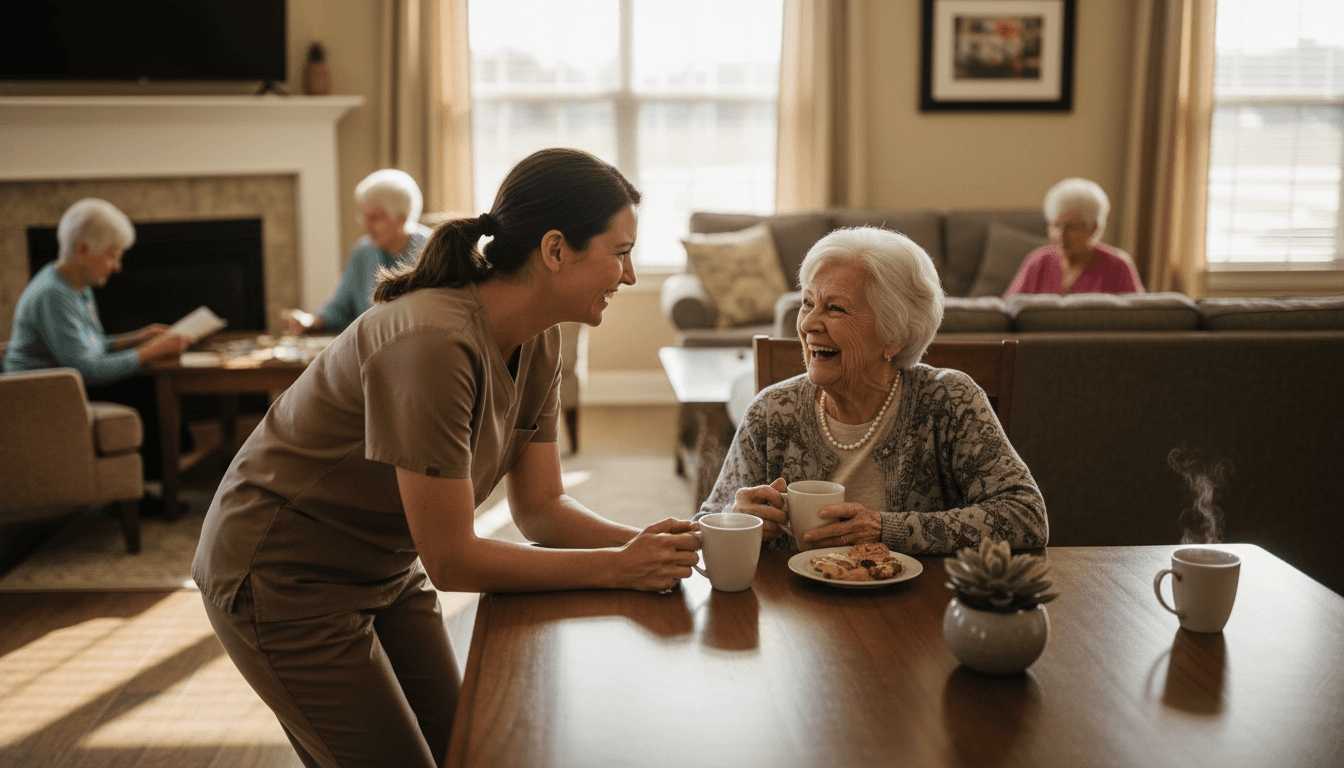 A caregiver chatting warmly with a happy senior over coffee