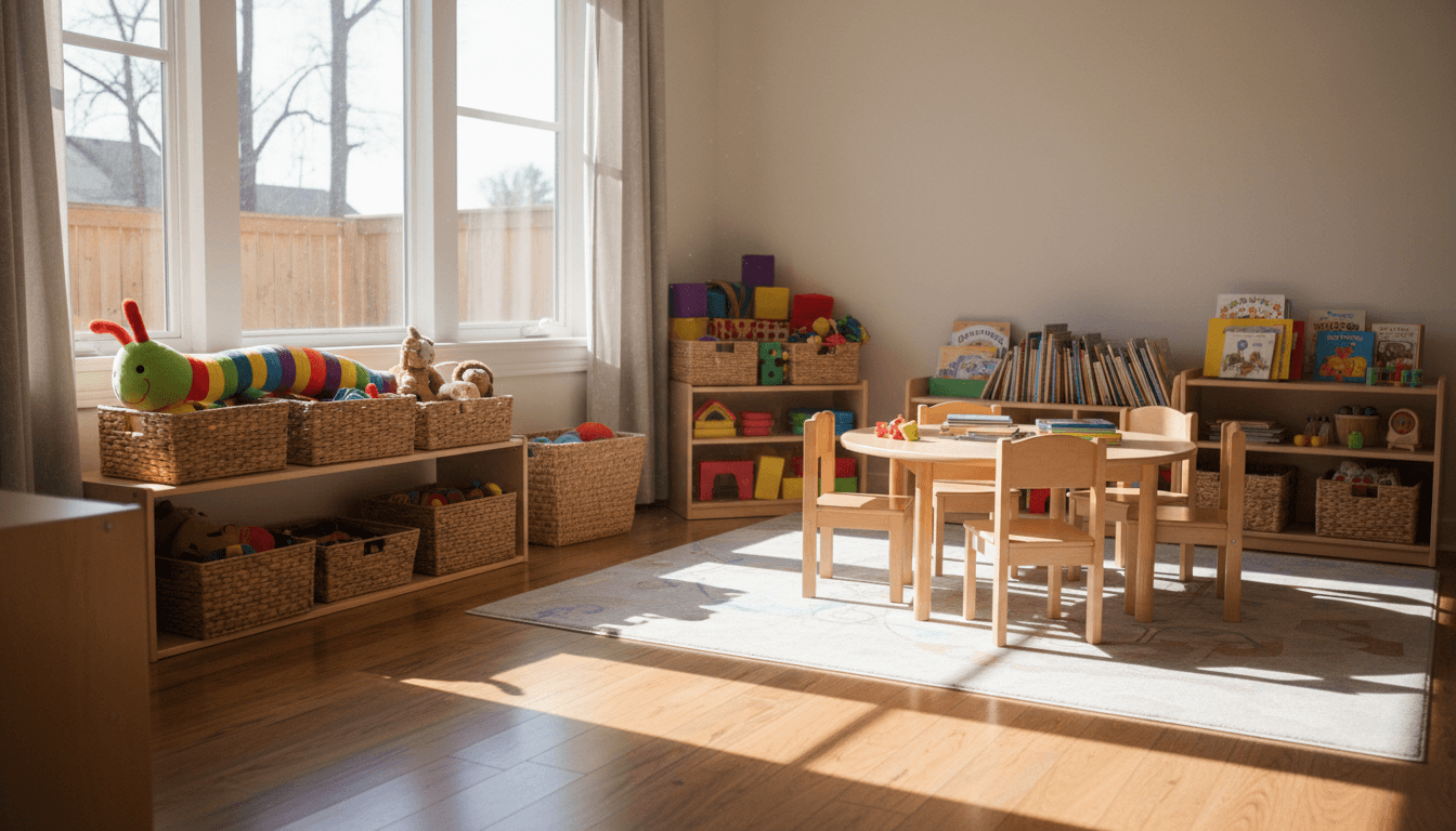 A bright, cheerful daycare playroom with toys and small chairs